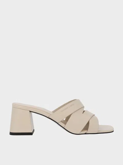 Charles & Keith - Crossover-strap Square-toe Block-heel Mules In Beige