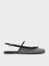 Charles & Keith - Crystal-embellished Bow Slingback Mary Jane Flats In Black Textured
