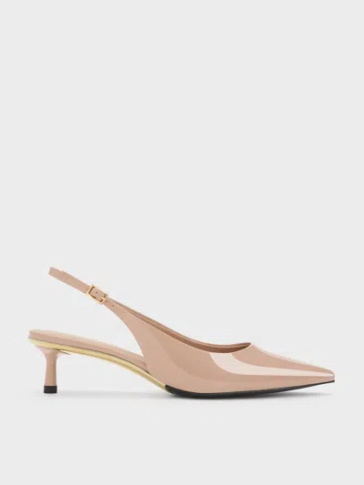 Charles & Keith - Curtis Patent Pointed-toe Kitten-heel Slingback Pumps In Nude