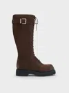 Charles & Keith - Darian Faux Suede Lace-up Buckle-strap Knee-high Boots In Brown