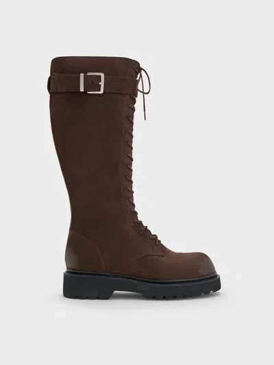 Charles & Keith - Darian Faux Suede Lace-up Buckle-strap Knee-high Boots In Brown