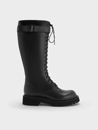 Charles & Keith - Darian Lace-up Buckle-strap Knee-high Boots In Black