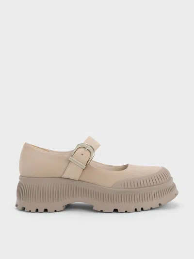 Charles & Keith - Darra Faux Suede Ridged-sole Platform Mary Janes In Sand