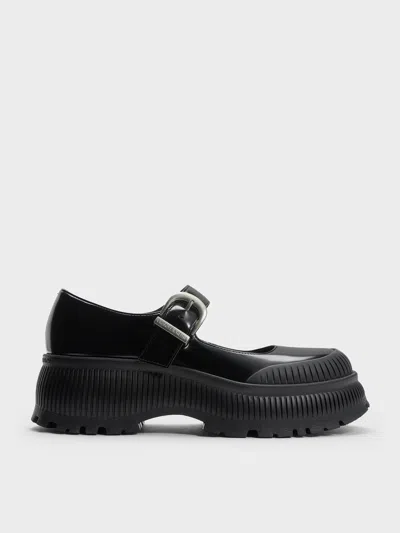 Charles & Keith - Darra Ridged-sole Platform Mary Janes In Black