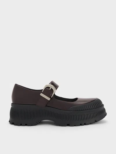 Charles & Keith - Darra Ridged-sole Platform Mary Janes In Burgundy