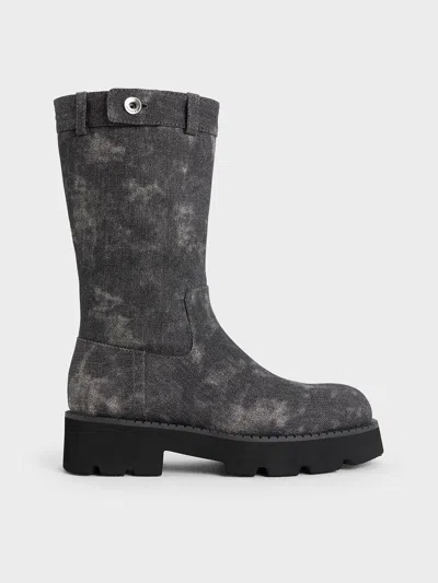 Charles & Keith - Denim Side-zip Lug-sole Calf Boots In Dark Grey