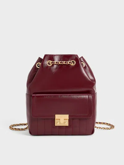 Charles & Keith - Donna Crinkle-effect Backpack In Burgundy