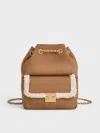 Charles & Keith - Donna Faux Suede Fur-trim Backpack In Tan