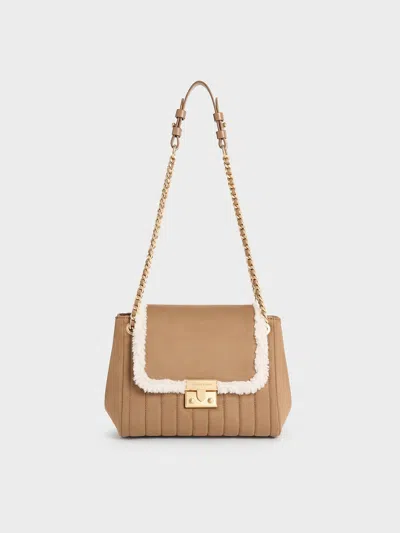 Charles & Keith - Donna Faux Suede Fur-trim Shoulder Bag In Tan