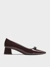 Charles & Keith - Dorian Patent Bow Pointed-toe Block-heel Pumps In Brown