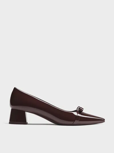 Charles & Keith - Dorian Patent Bow Pointed-toe Block-heel Pumps In Brown