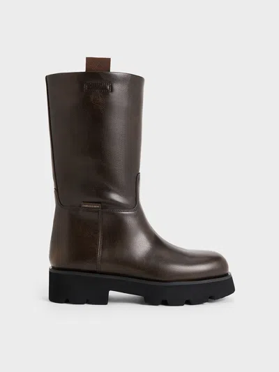 Charles & Keith - Double Pull-tab Calf Boots In Dark Brown