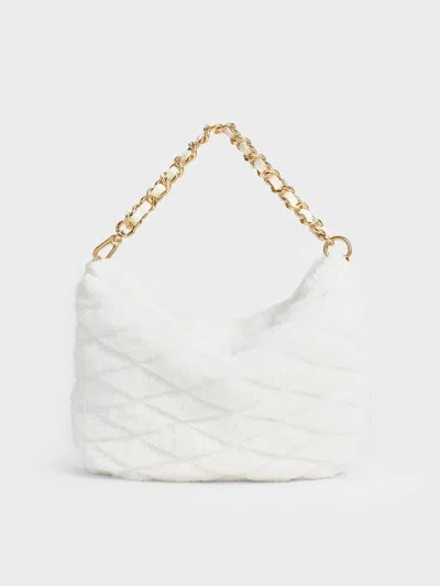 Charles & Keith - Duo Furry Quilted Crescent Bag In White