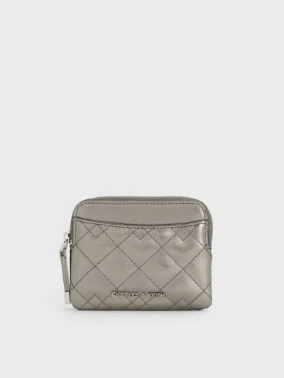 Charles & Keith - Duo Metallic Quilted Card Holder In Gray