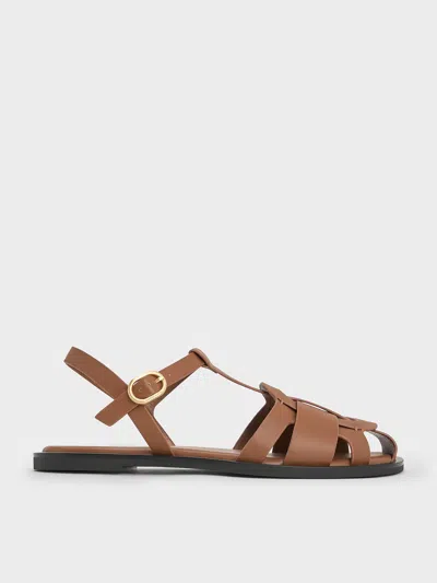 Charles & Keith - Easley T-bar Caged Sandals In Caramel