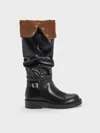 Charles & Keith - Ellis Ruched Buckled Fold-over Thigh-high Boots In Black