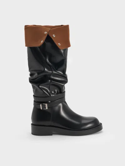 Charles & Keith - Ellis Ruched Buckled Fold-over Thigh-high Boots In Black