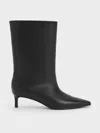 Charles & Keith - Elongated Square-toe Kitten-heel Calf Boots In Black