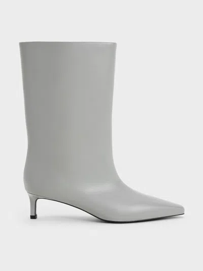 Charles & Keith - Elongated Tapered-toe Kitten-heel Calf Boots In Grey