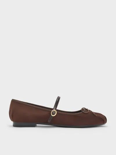 Charles & Keith - Emiko Faux Suede Bow Mary Jane Flats In Brown