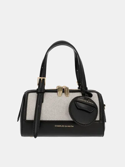 Charles & Keith - Enola Canvas Two-tone Bowling Bag In Black