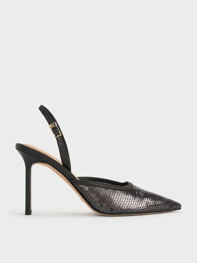 Charles & Keith - Sequin Mesh & Leather Pointed-toe Slingback Pumps