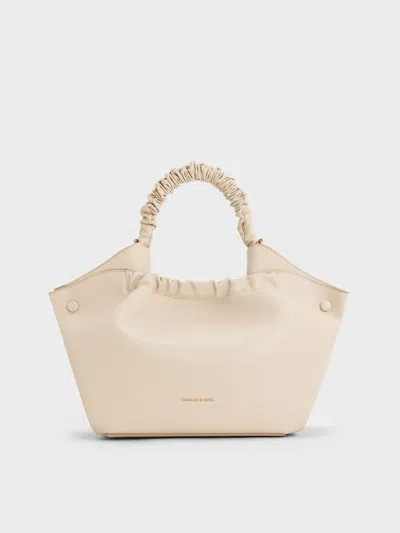 Charles & Keith - Eve Ruched-handle Tote Bag In Beige
