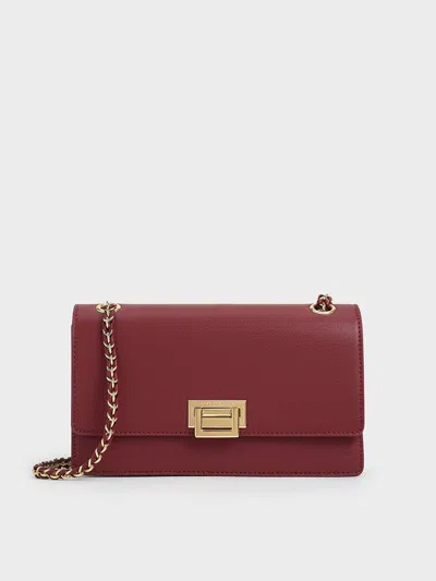 Charles & Keith Metallic Accent Front Flap Bag In Burgundy