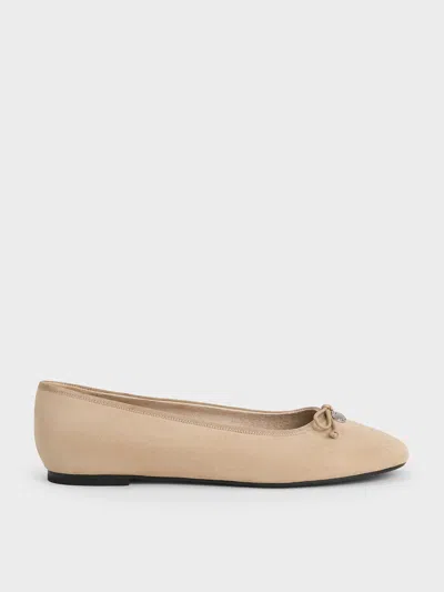 Charles & Keith - Faux Suede Bow Ballet Flats In Sand