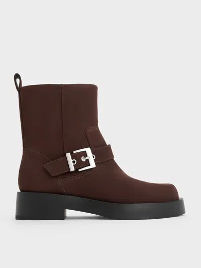 Charles & Keith - Faux Suede Buckle-strap Biker Boots In Dark Brown