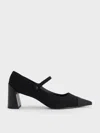 Charles & Keith - Faux Suede Cap-toe Pointed Mary Jane Pumps In Black Textured