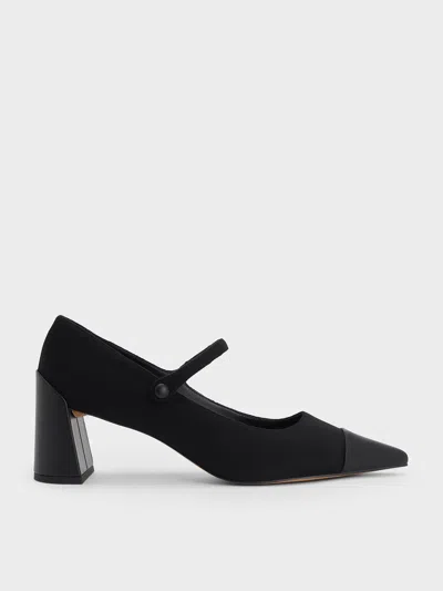 Charles & Keith - Faux Suede Cap-toe Pointed Mary Jane Pumps In Black Textured