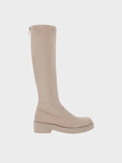 Charles & Keith - Faux Suede Chunky-sole Knee-high Boots In Beige