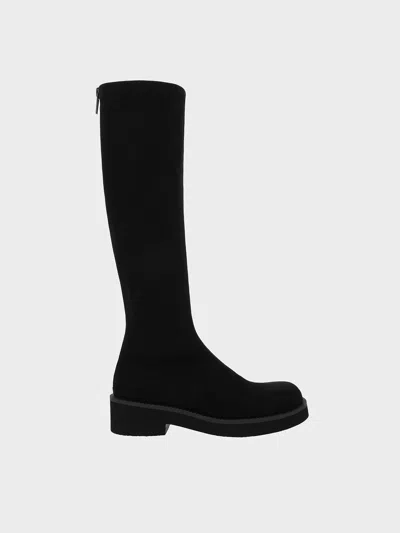 Charles & Keith - Faux Suede Chunky-sole Knee-high Boots In Black
