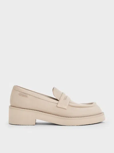Charles & Keith - Faux Suede Chunky-sole Penny Loafers In Neutral