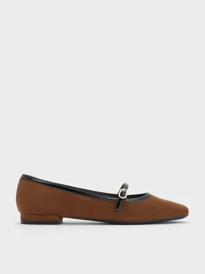 Charles & Keith - Faux Suede Contrast-trim Buckle-strap Mary Janes In Brown
