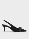 Charles & Keith - Faux Suede Crystal-embellished Pointed-toe Slingback Pumps