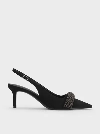 Charles & Keith - Faux Suede Crystal-embellished Pointed-toe Slingback Pumps