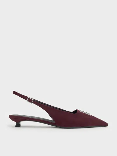 Charles & Keith - Faux Suede Crystal-embellished Slingback Pumps In Burgundy