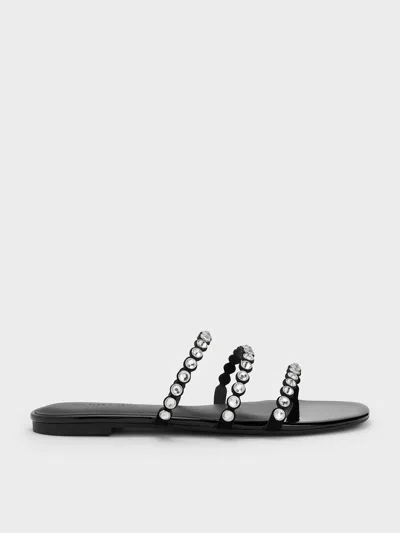 Charles & Keith - Crystal-embellished Triple-strap Sandals In Black Textured
