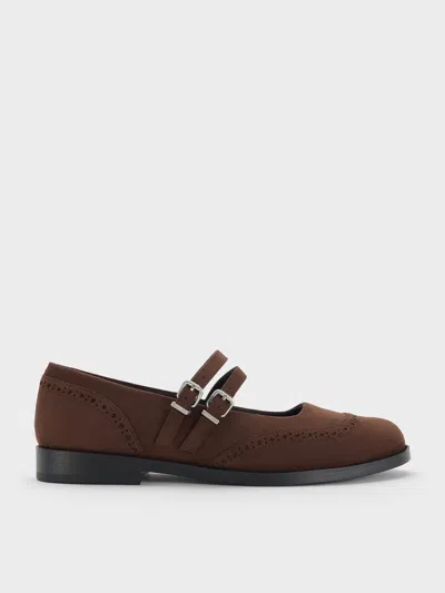 Charles & Keith - Faux Suede Double-strap Brogue Mary Janes In Brown