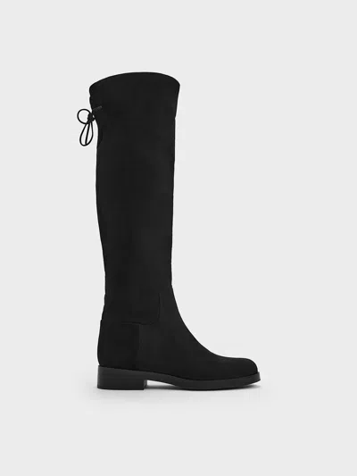 Charles & Keith - Faux Suede Fold-over Back-tie Thigh-high Boots In Black
