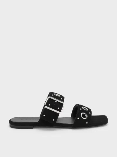 Charles & Keith - Faux Suede Grommet Buckled Slides In Black