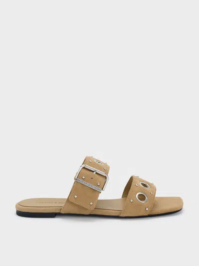 Charles & Keith - Faux Suede Grommet Buckled Slides In Sand