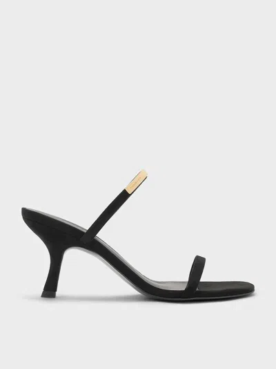 Charles & Keith - Faux Suede Metallic-accent Double-strap Heeled Sandals In Black