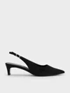 Charles & Keith - Faux Suede Pointed-toe Kitten-heel Slingback Pumps In Black Textured