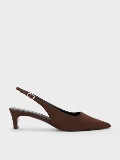 Charles & Keith - Faux Suede Pointed-toe Kitten-heel Slingback Pumps In Dark Brown