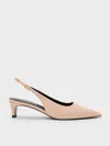 Charles & Keith - Faux Suede Pointed-toe Kitten-heel Slingback Pumps In Nude