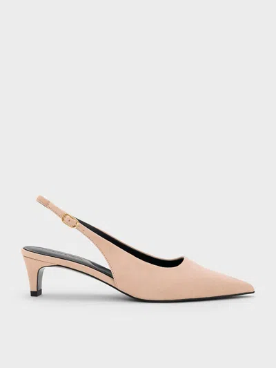 Charles & Keith - Faux Suede Pointed-toe Kitten-heel Slingback Pumps In Nude