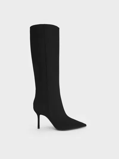 Charles & Keith - Faux Suede Pointed-toe Stiletto-heel Knee-high Boots In Black